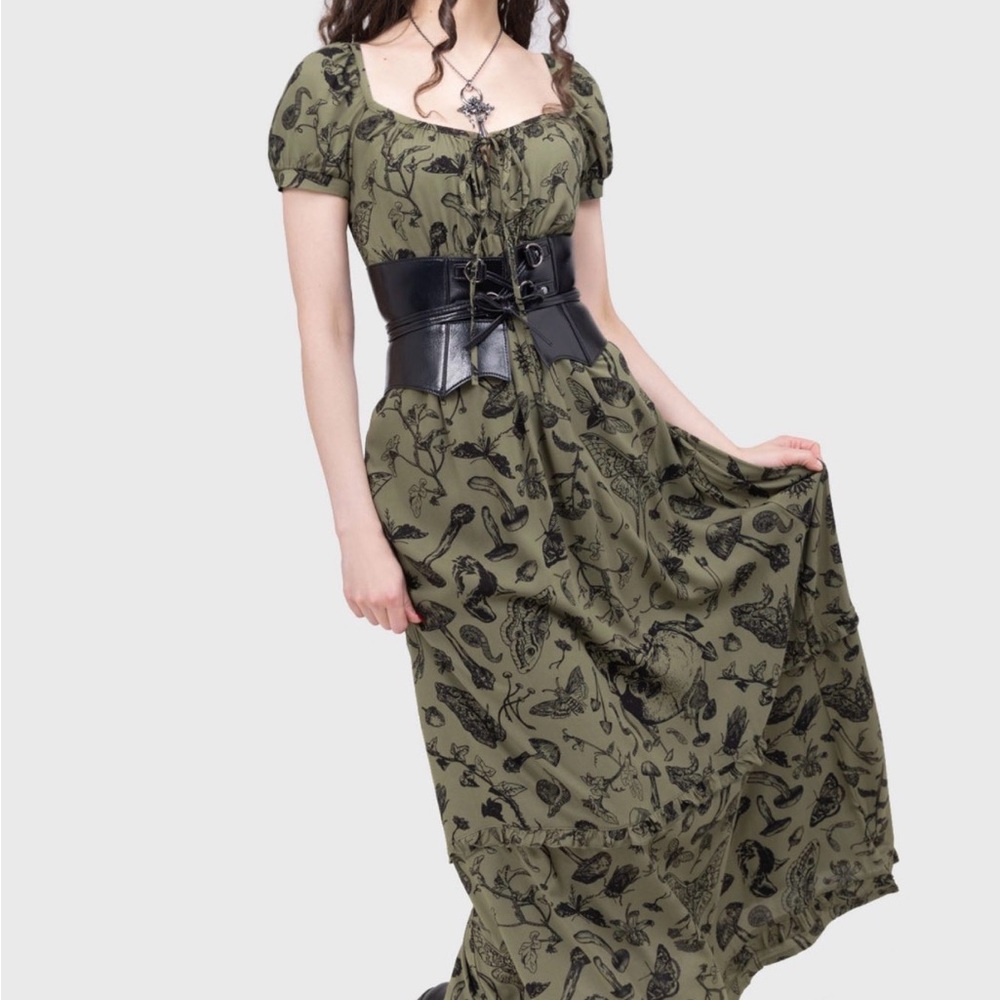 Killstar Olive Green Maxi Dress with Black Botanical Print - Picture 1 of 4